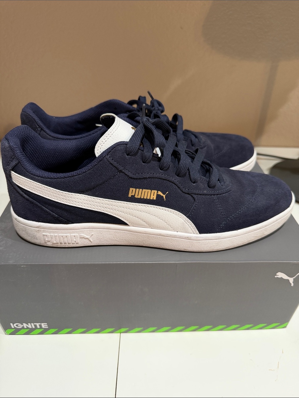 Puma Navy and White Low-Top Sneakers with Gold Logo